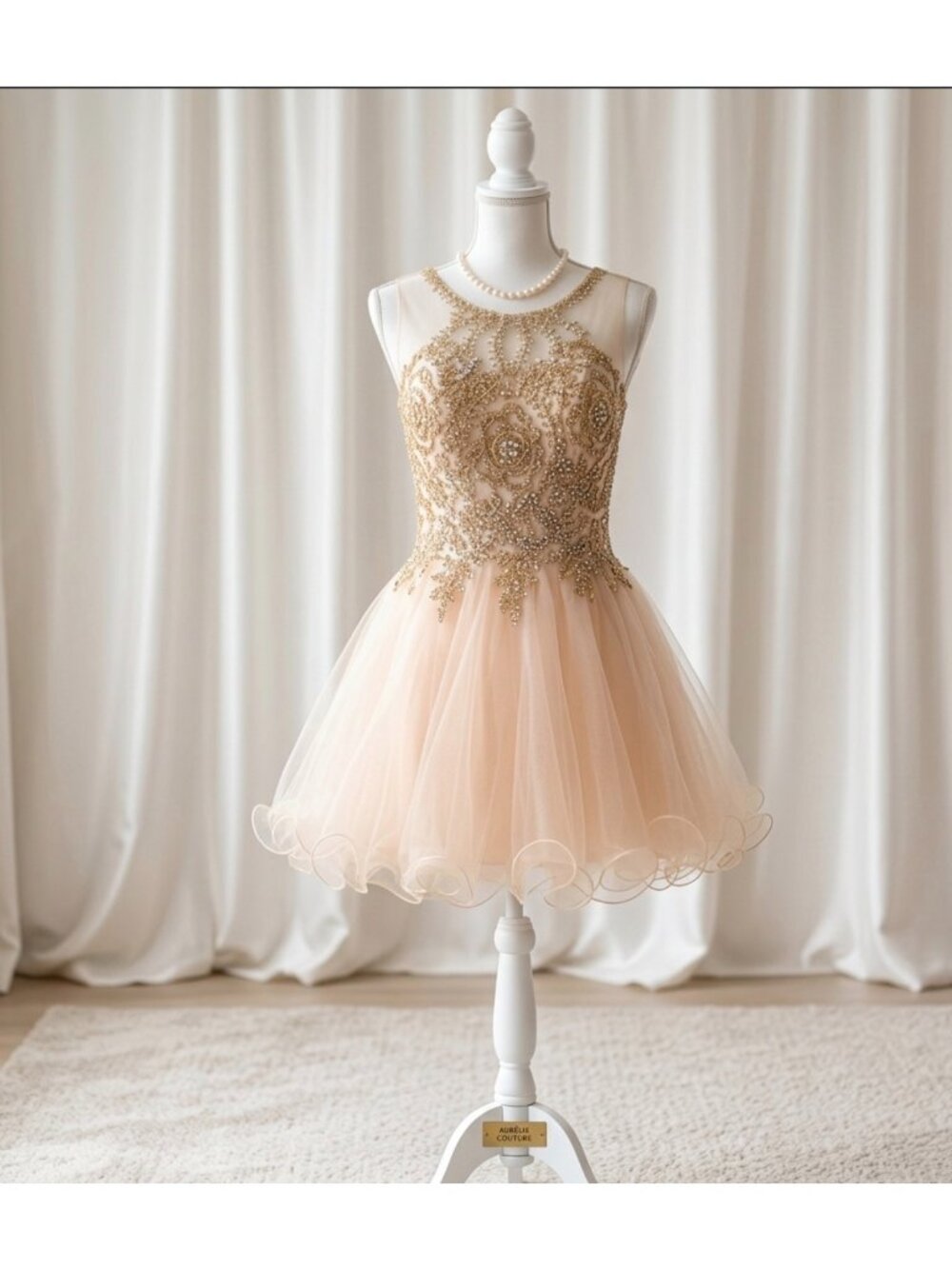 Beaded Tulle Short Party Dress size M With Gold Embellished Bodice & Sheer Neckl